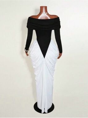Off-Shoulder Black and White Ruched Evening Dress